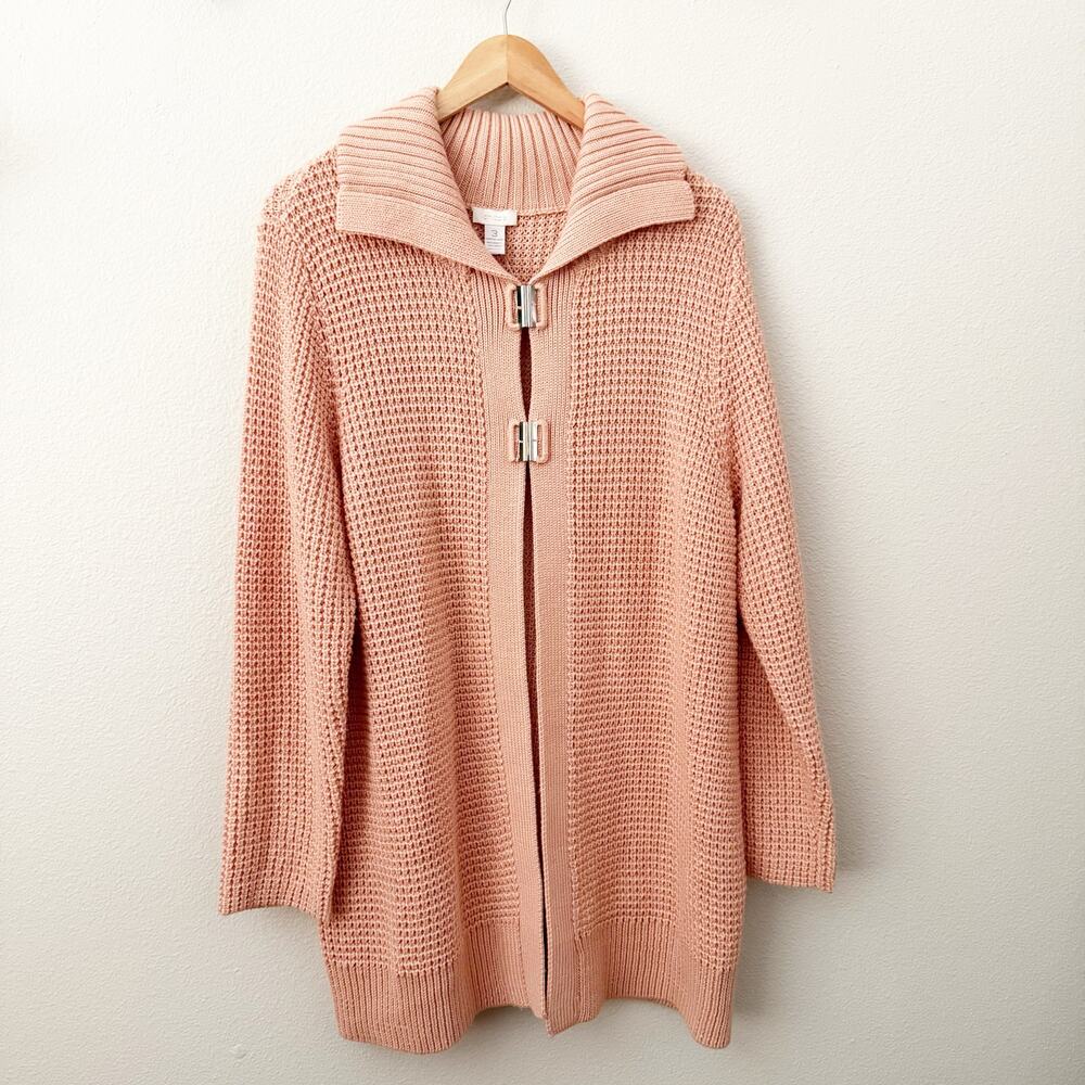 CHICO'S | Peach Pink Light Coral Duster Long Line Sweater Metal Hooks | 3, XL